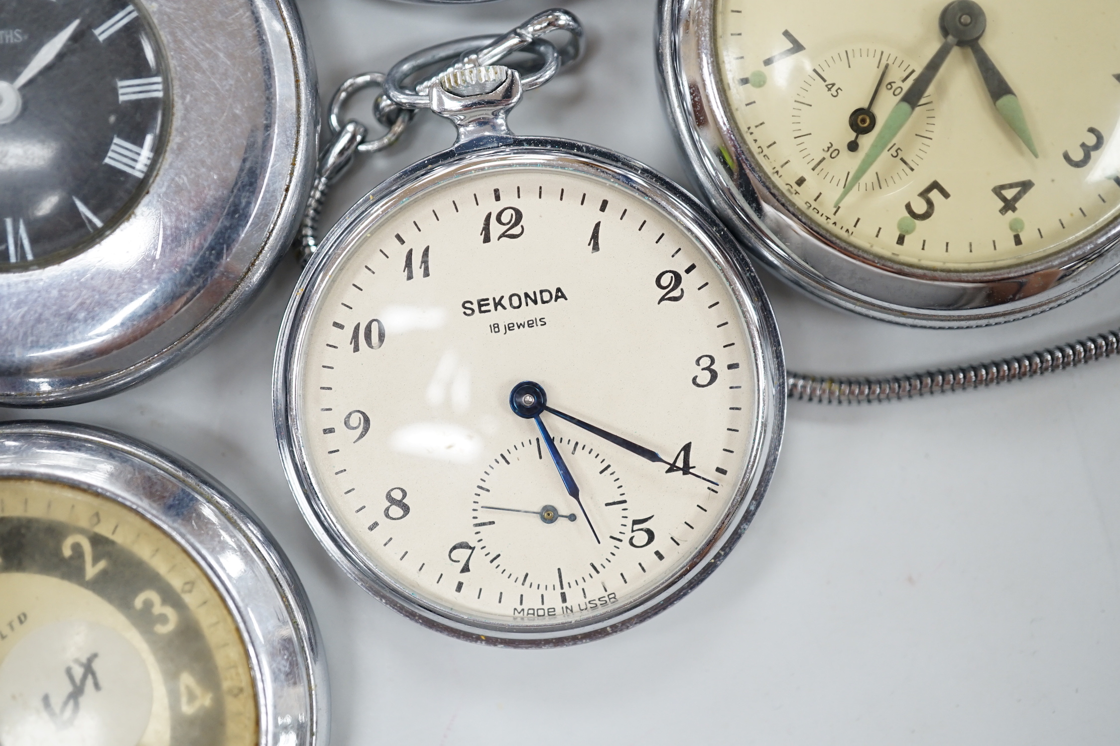 Ten assorted base metal pocket watches including Ingersoll Crown, Sekonda and Smiths.